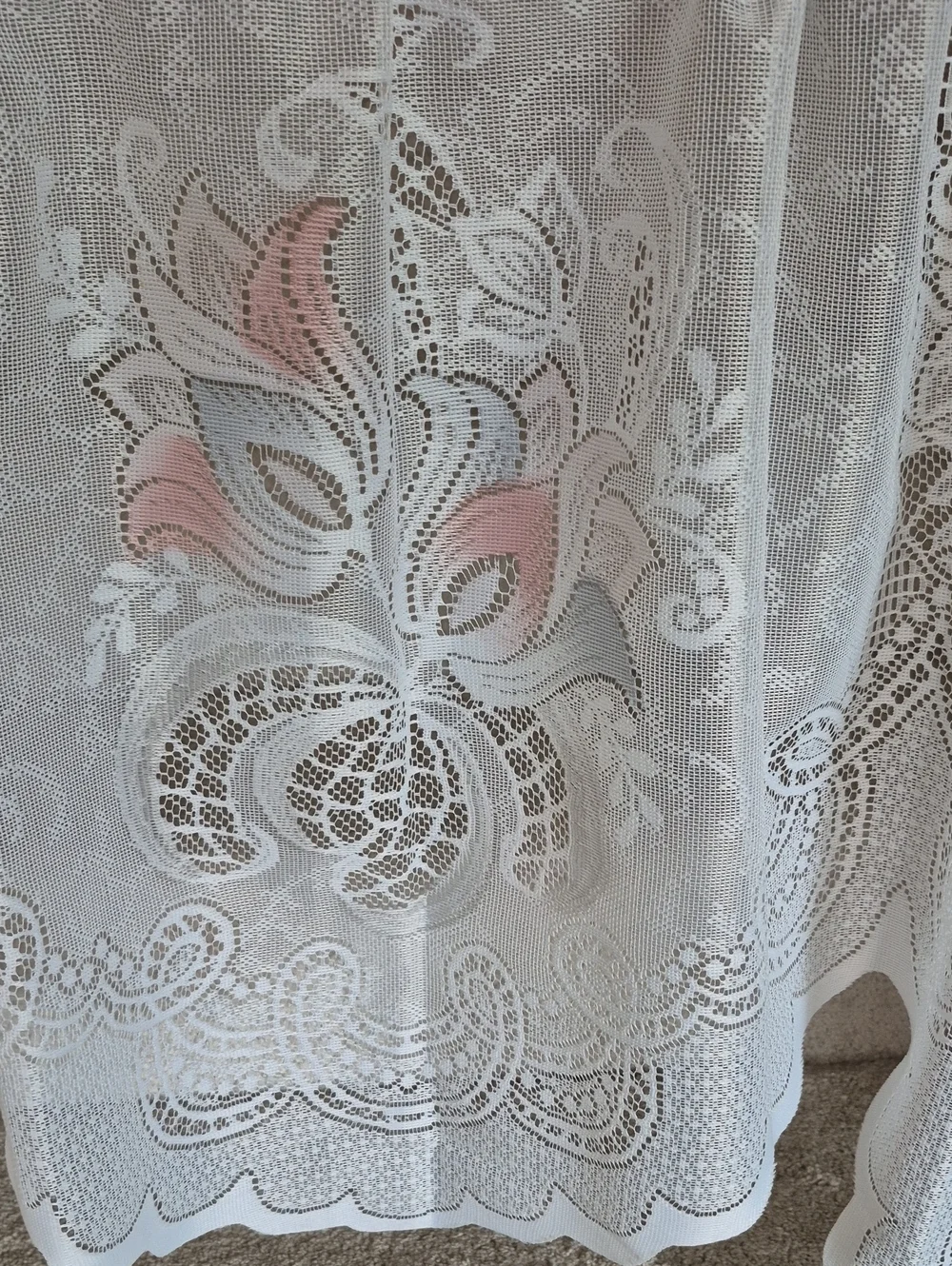 Delicate White Lace Swag Curtain with Pink Floral Accents 58x30